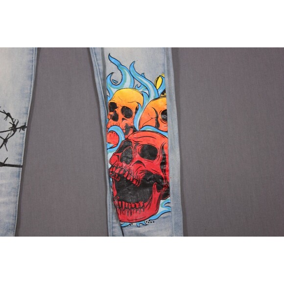 MOTIVE DENIM JEANS Blue Skull Graphic Rhinestone Print Stretch Tag 32X32 (32X31) - Picture 3 of 15